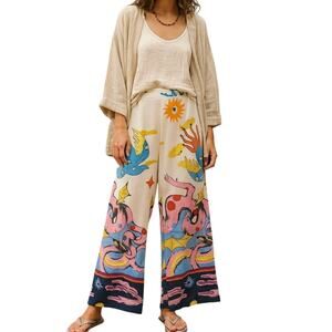 Evolutionary Wide Leg Pants Abstract Celestial Sea Creature Print Boho Lagenlook